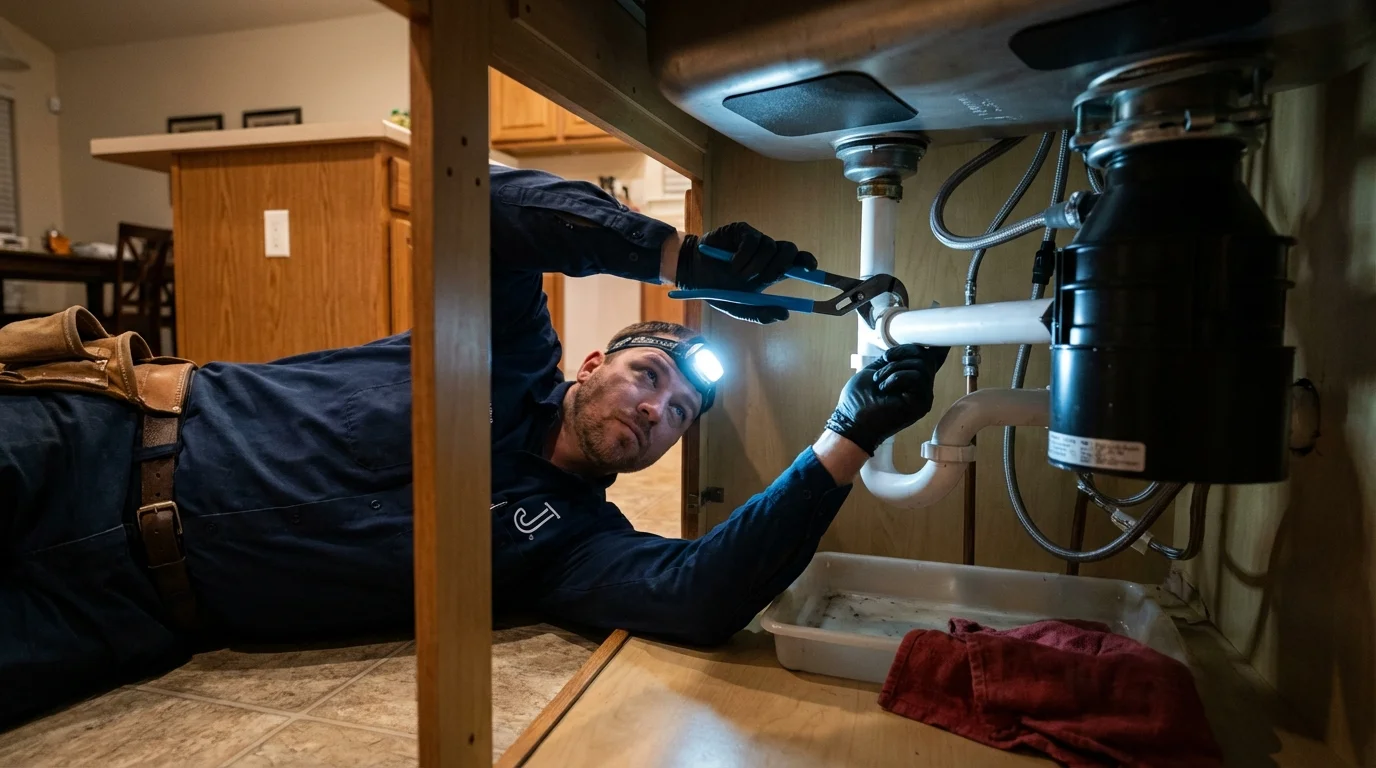 P-trap and supply line connections under a kitchen sink showing a common leak point in Mount Holly, NJ